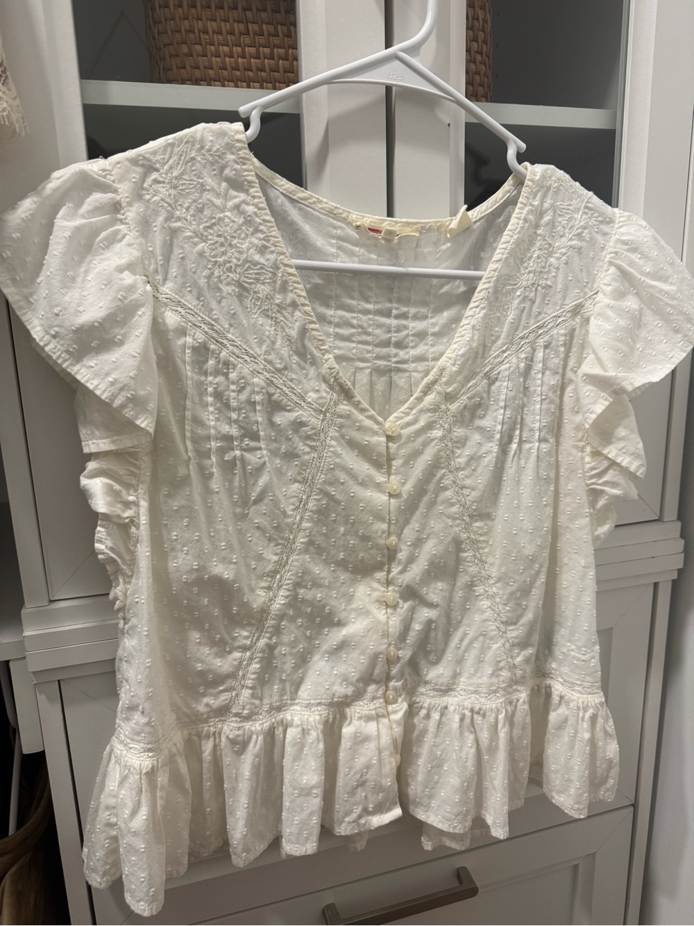 Levi's Cream Swiss-Dot Ruffle Peplum Button-Up Top